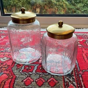 Set of 2 Anthropologie Vintage Styled Glass Jars with Gold/Brass Lids
